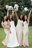 Mermaid Off the Shoulder Champagne Elastic Satin Long Bridesmaid Dresses