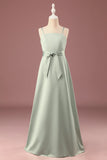 Matcha A line Spaghetti Straps Long Satin Junior Bridesmaid Dress