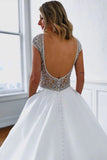 A Line V Neck Long White Wedding Dress with Silver Beads