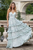 Grey Green A Line Spaghetti Straps Tiered Print Bridesmaid Dress With Ruffles