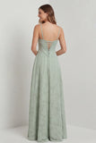 Sage Green A Line Spaghetti Straps Floral Burnout Bridesmaid Dress