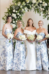 A line Strapless Printed Floarl Satin Long Bridesmaid Dresses
