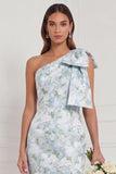 One Shoulder Blue White Flower Mermaid Bridesmaid Dress with Slit