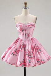 Pink Flower A Line Strapless Printed Homecoming Dress with Beading