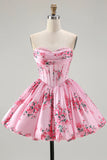 Pink Flower A Line Strapless Printed Homecoming Dress with Beading