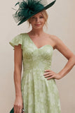 Sage Green A Line Ruched One Shoulder Mother of the Bride Dress