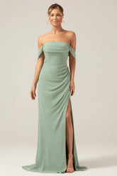 Dusty Sage Sheath Off the Shoulder Pleated Chiffon Bridesmaid Dress With Slit
