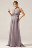 A Line Chiffon Convertible Dusty Blue Long Maternity Bridesmaid Dress