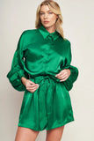 CELEBRATION TIME GREEN SATIN ROMPER WITH LONG SLEEVES FINAL SALE