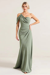Sheath One Shoulder Olive Ruched Long Bridesmaid Dress