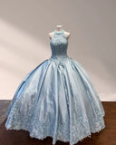Halter Beaded Sky Blue Satin Ball Gown Quinceañera Dress