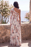 One Shoulder Ivory Floral Wedding Guest Dress with Slit