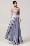 Dusty Blue A Line Satin Long Bridesmaid Dress with Lace Up Back