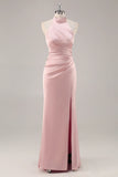 Blush Sheath Halter Satin Pleated Open Back Long Bridesmaid Dress with Slit