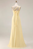 Lemon Sorbet A Line Chiffon Convertible Long Bridesmaid Dress with Slit