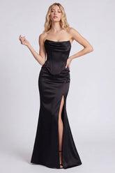 Strapless Black Corset Mermaid Formal Dress with Slit