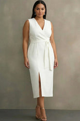 White Satin V Neck Plus Size Work Dress with Belt