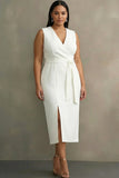 White Satin V Neck Plus Size Work Dress with Belt