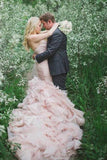 Sweetheart Tiered Train Organza Mermaid Pink Wedding Dress with Beading
