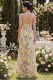 Champagne Spaghetti Straps Floral Wedding Guest Dress with Belt