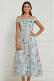 Off the Shoulder Light Blue Floral A Line Midi Wedding Guest Dress