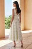 Light Green A Line V Neck Floral Midi Wedding Guest Dress
