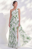 One Shoulder Printed Green Mother of the Bride Dress with Slit