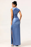 Blue Sheath Drawstring Satin Long Plus Size Bridesmaid Dress with Slit