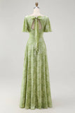 A Line Sage Green Floral Jacquard Flutter Sleeves Maxi Dress with Bow Back