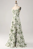 A Line Cowl Neck Printed Long Green Bridesmaid Dress With Slit