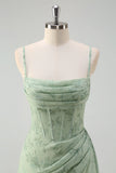 Dusty Sage Sheath Spaghetti Straps Pleated Long Bridesmaid Dress with Slit