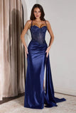Teagan Gown Navy Fitted Satin Lace Dress