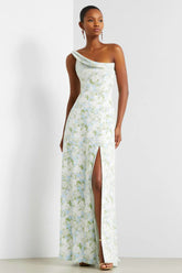 Blue White Flower One Shoulder Print Sheath Maxi Dress with Slit