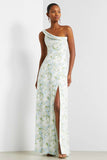 Blue White Flower One Shoulder Print Sheath Maxi Dress with Slit