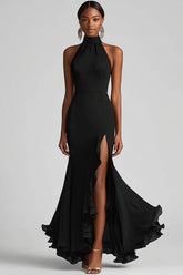 Halter Neck Black Ruffled Mermaid Long Formal Dress with Slit