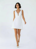 A Line V Neck Sleeveless Short Mini Satin Wedding Dresses