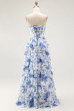 Strapless White Blue Flower A Line Tiered Corset Long Prom Dress with Slit