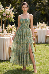 A Line Strapless Dusty Green Floral Wedding Guest Dress with Slit