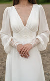 A Line Floor Chiffon Long Sleeve Wedding Dress with Sequins and Train
