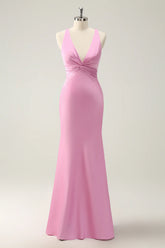 Elegant Pink Mermaid Deep V Neck Long Bridesmaid Dress with Lace Up Back