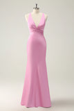 Elegant Pink Mermaid Deep V Neck Long Bridesmaid Dress with Lace Up Back