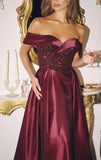 FANNING GOWN OFF THE SHOULDER SEQUIN CORSET SATIN DRESS