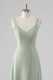 Sage Green Chiffon V Neck A Line Long Bridesmaid Dress with Slit