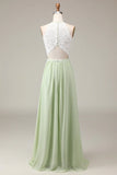 Dusty Sage A Line Halter Neck Lace and Chiffon Floor Length Bridesmaid Dress