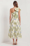 One Shoulder Sage Floral Wedding Guest Dress with Bow