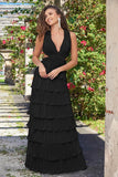 Saylor Pleated Satin Ruffle Maxi Dress Black