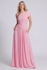 One Shoulder Pink A Line Ruched Bridesmaid Dress