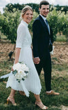 Vintage Modest Long Sleeve Wedding Dress with Pleats Simple Tea length A Line High Neck