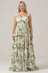 Green Flower A Line Printed Tiered Long Plus Size Bridesmaid Dress With Slit