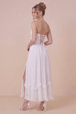 Strapless A Line 3D Flower White Engagement Dress with Slit